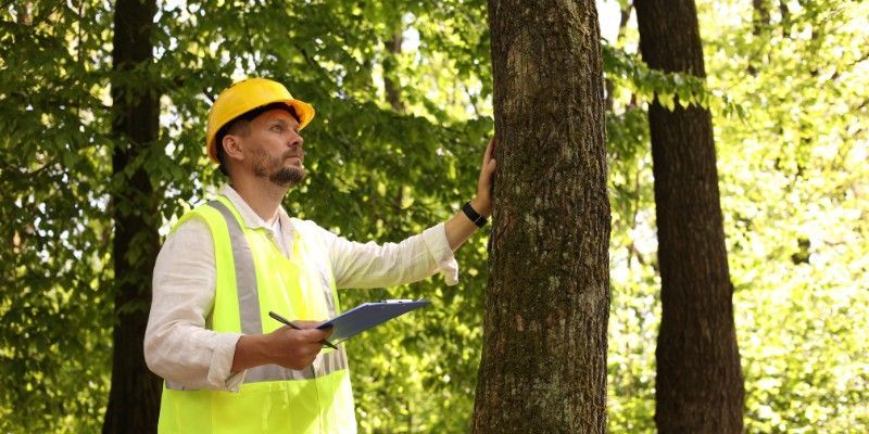 An ISA Certified Arborist inspecting the base and trunk of a large tree.