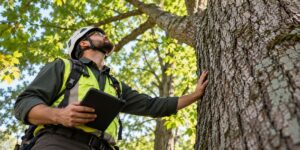 Arborist examining the trunk and canopy of a mature tree during an on-site evaluation in Cincinnati, OH.
