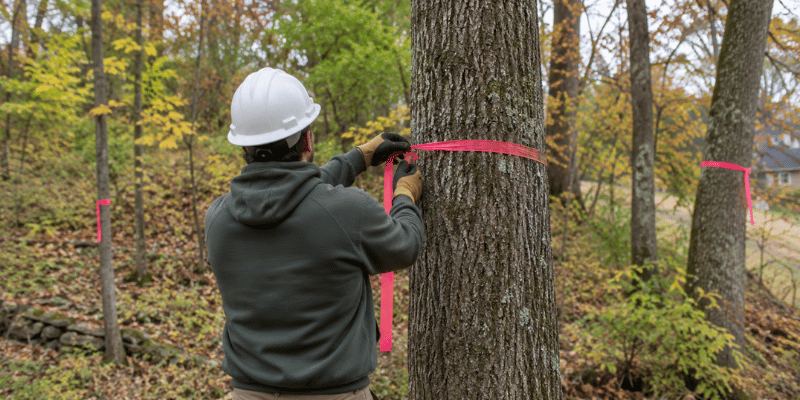 Arborist marking trees to keep with flagging tape on a wooded lot in Clermont County, Ohio.