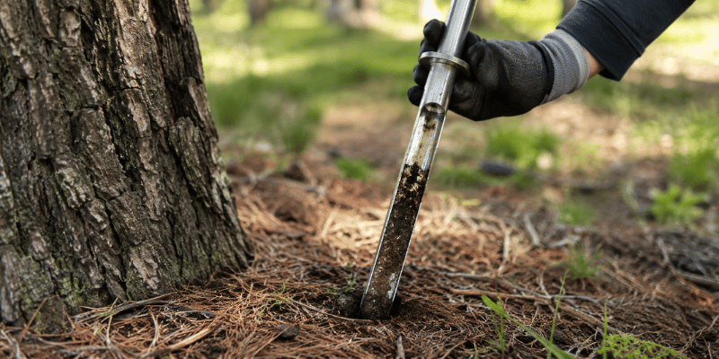Gloved hand inserting a metal soil probe into the ground beside the trunk of a mature tree.