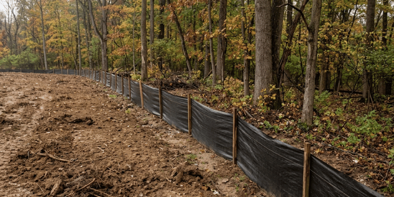 Silt fence running along the edge of bare cleared soil beside a wooded lot in Ohio.