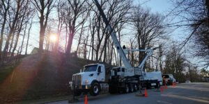 Tree removal crane set up along a road below a steep wooded hillside.